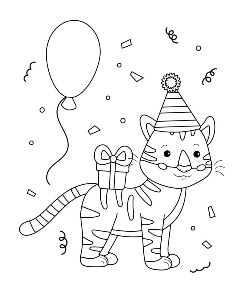 pagina da colorare per bambini. tigre del fumetto con regalo e palloncini. buon compleanno illustrazione di contorno in bianco e nero. animali della giungla. vettore