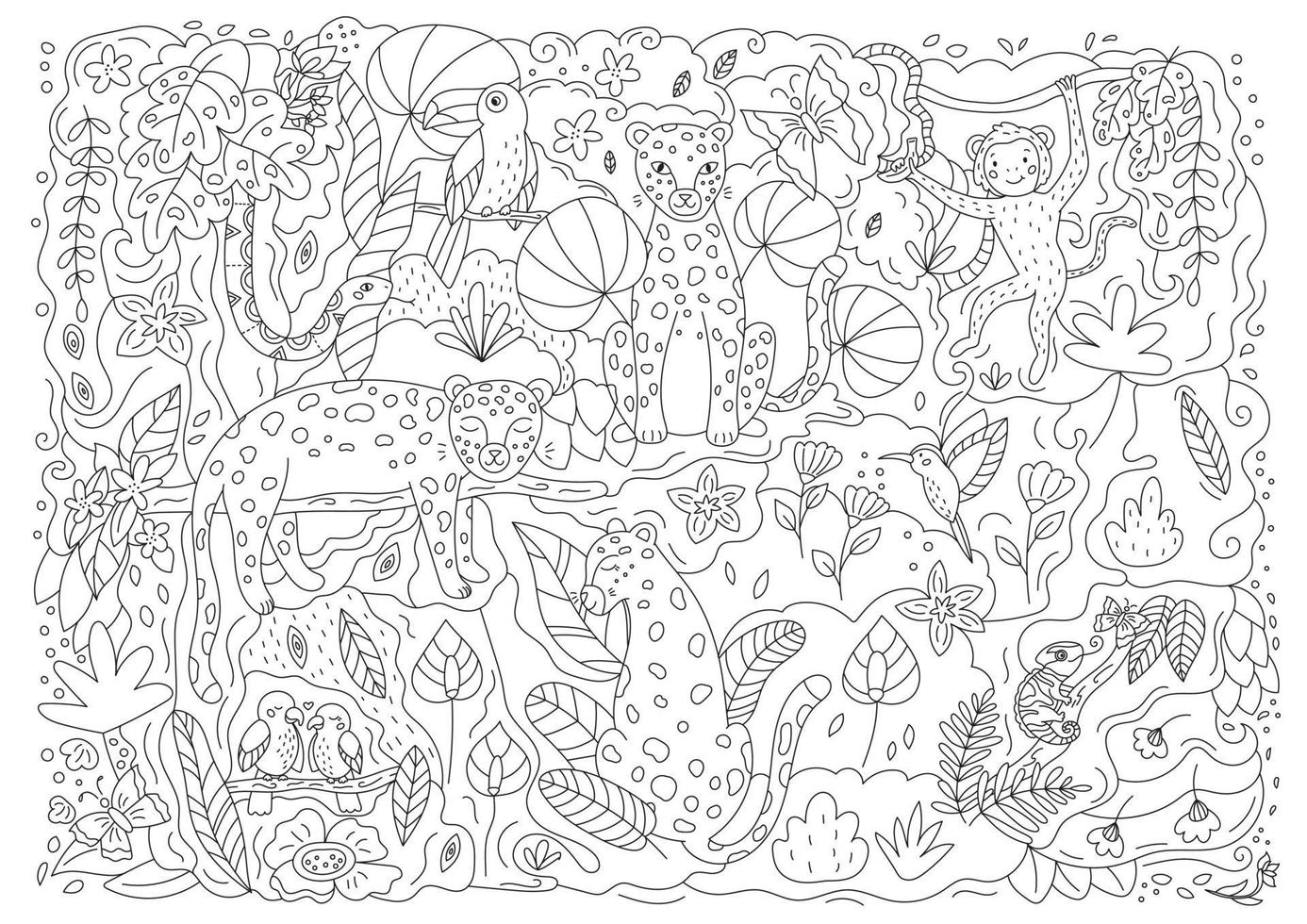 pagina da colorare di doodle disegnato a mano con leopardi, pappagalli, colibrì, tucano, serpente, scimmia e camaleonte. simpatici personaggi dei cartoni animati. piante e fiori tropicali esotici. illustrazione vettoriale di contorno.