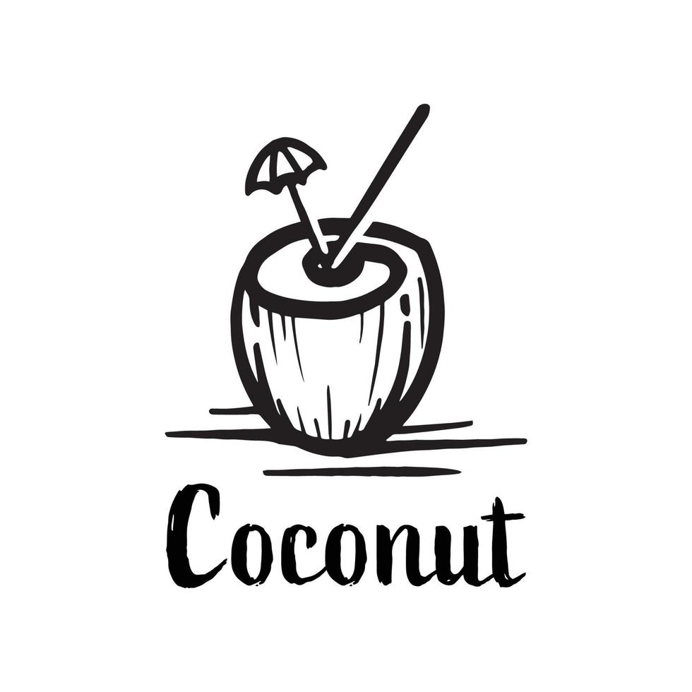 silhouette logo bevanda al cocco. simbolo della bevanda naturale disegnata a mano del cocktail di cocco vettore