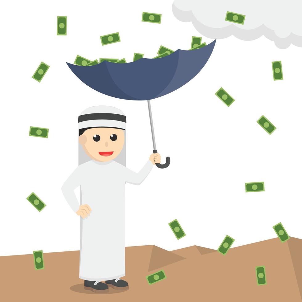 uomo d'affari arabo pioggia denaro design carattere su sfondo bianco vettore