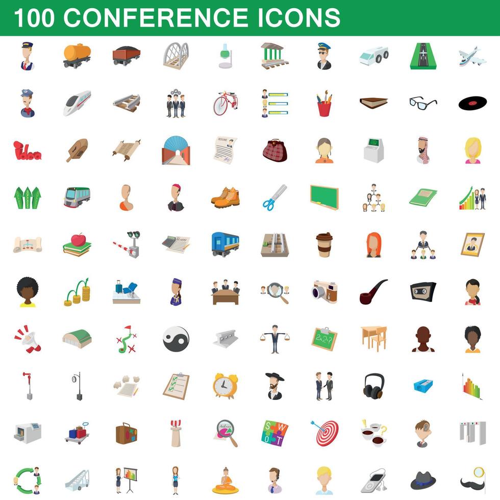 100 set di icone per conferenze, stile cartone animato vettore