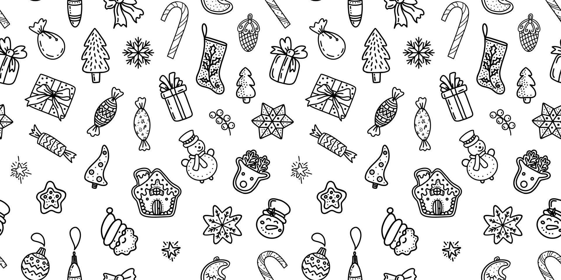 set di illustrazioni vettoriali creative in bianco e nero con varie icone natalizie tematiche che formano un motivo astratto
