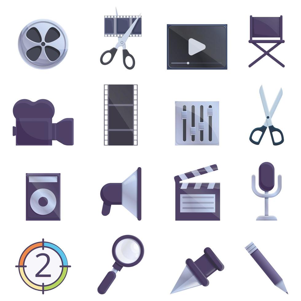 set di icone di editing video, stile cartone animato vettore