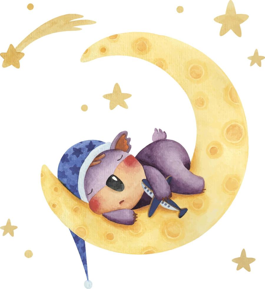 una serie di simpatiche illustrazioni ad acquerello con un koala che dorme sulla luna e le stelle vettore