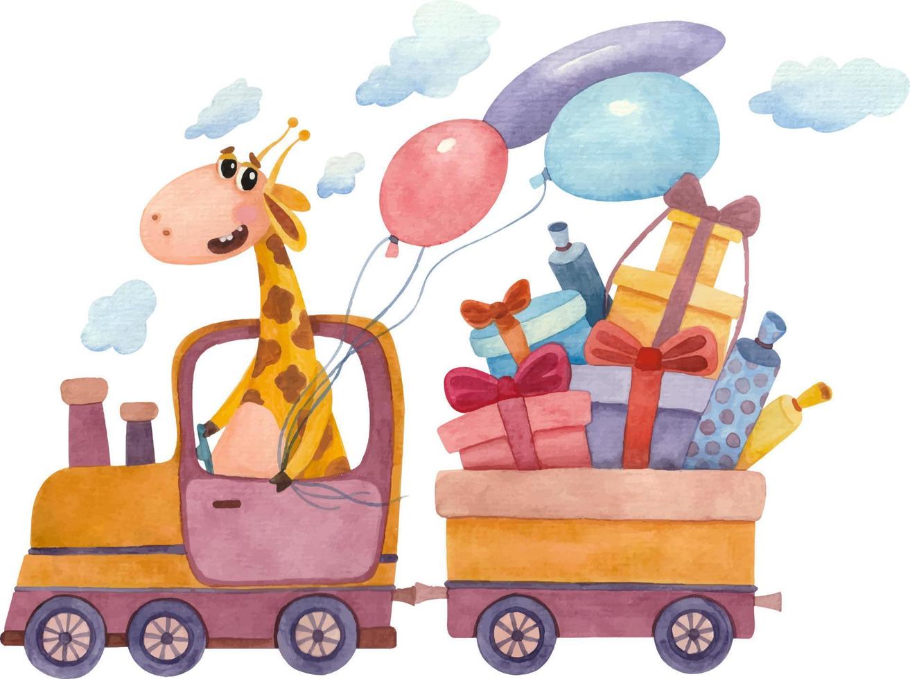 un'immagine ad acquerello di una giraffa in una locomotiva che trasporta molti regali vettore