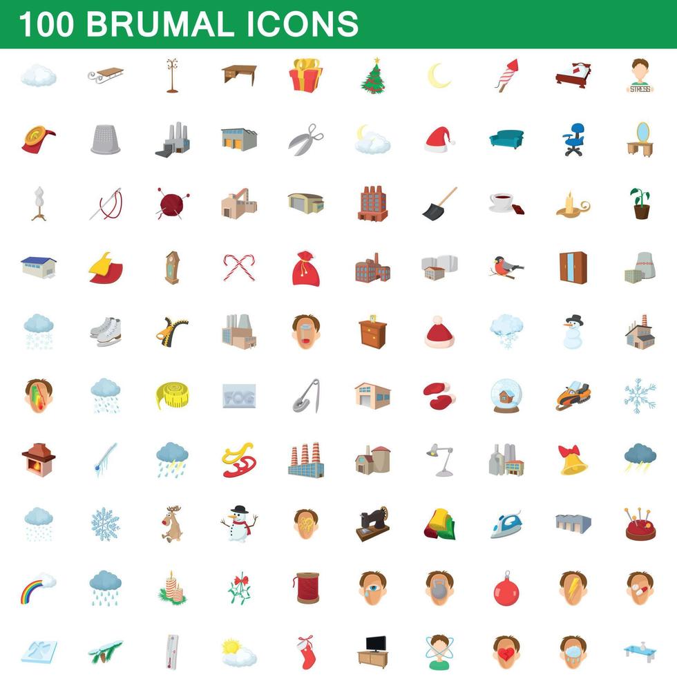 100 icone brumali impostate, stile cartone animato vettore