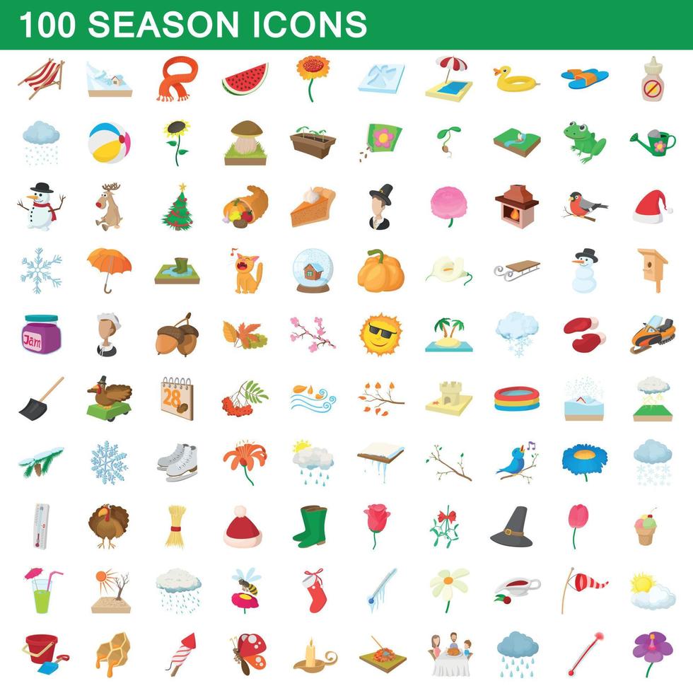 Set di icone di 100 stagioni, stile cartone animato vettore