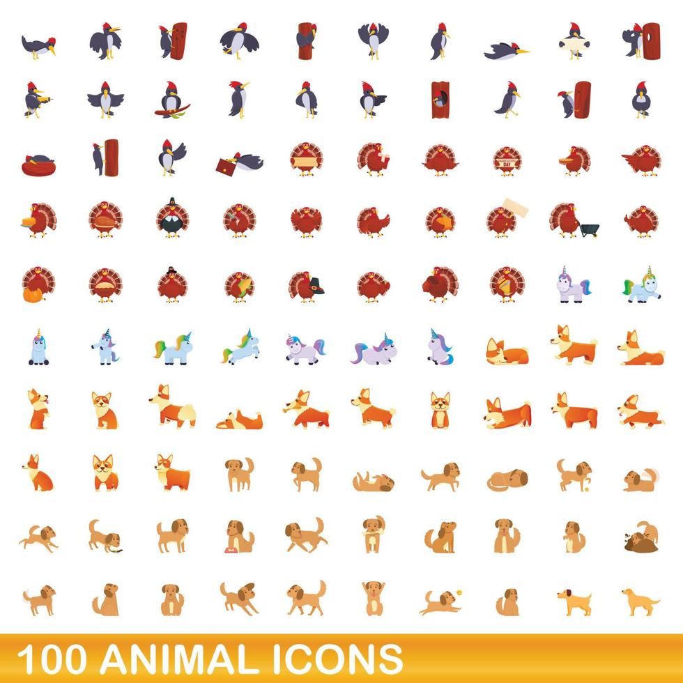 100 icone animali impostate, stile cartone animato vettore