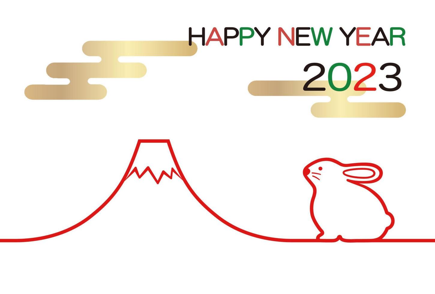 l'anno 2023, l'anno del coniglio, modello di biglietto di auguri di capodanno con una mascotte di coniglio e mt. fuji. vettore