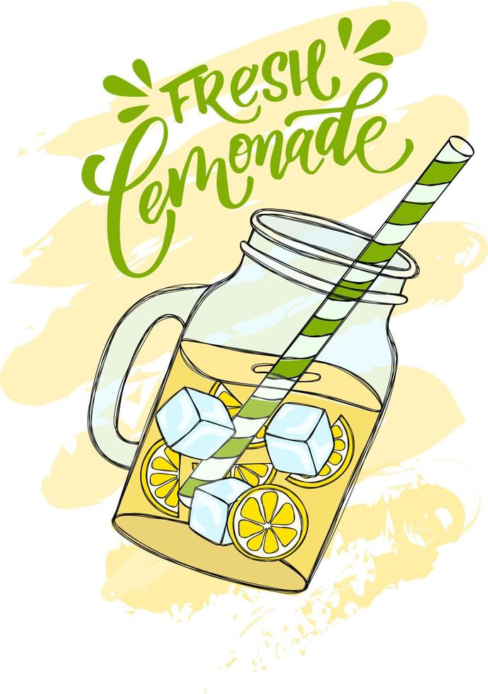 poster con tazza di vetro grande limonata ghiacciata con fette di frutta vettore