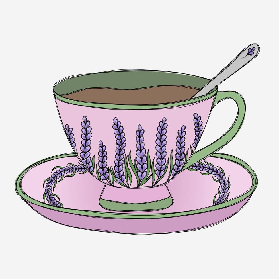 illustrazione vettoriale carino. tazza rosa con fiori di lavanda