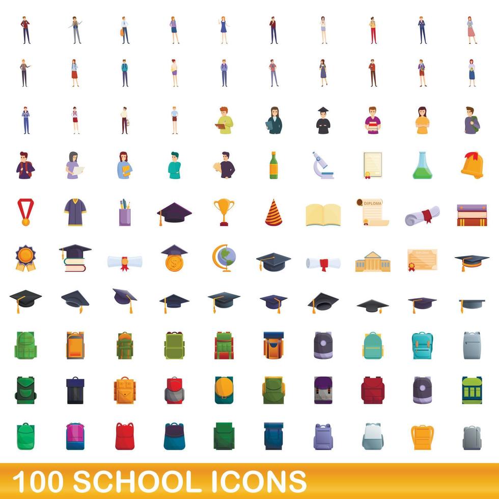100 icone della scuola impostate, stile cartone animato vettore