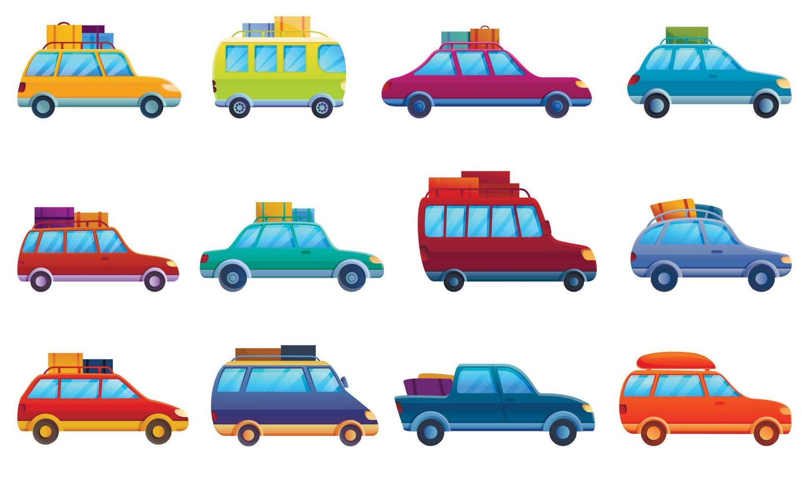 set di icone di viaggio in auto, stile cartone animato vettore