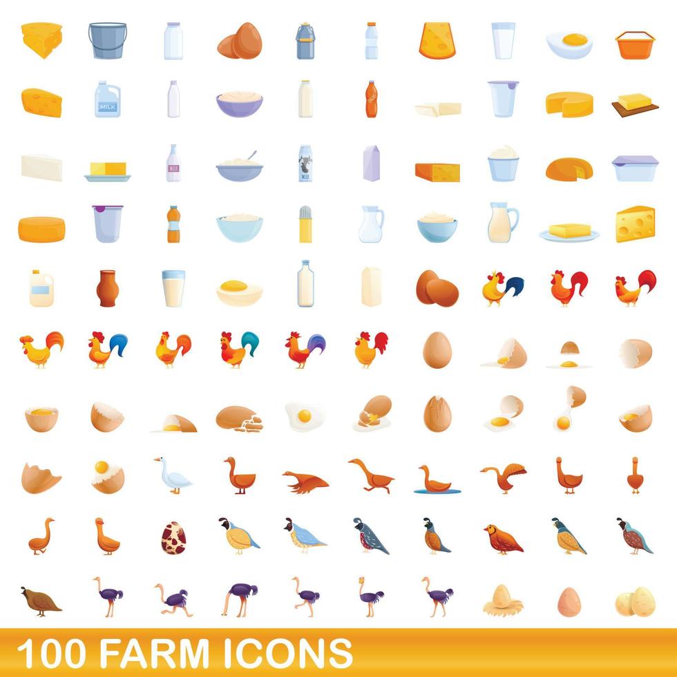 100 icone di fattoria impostate, stile cartone animato vettore