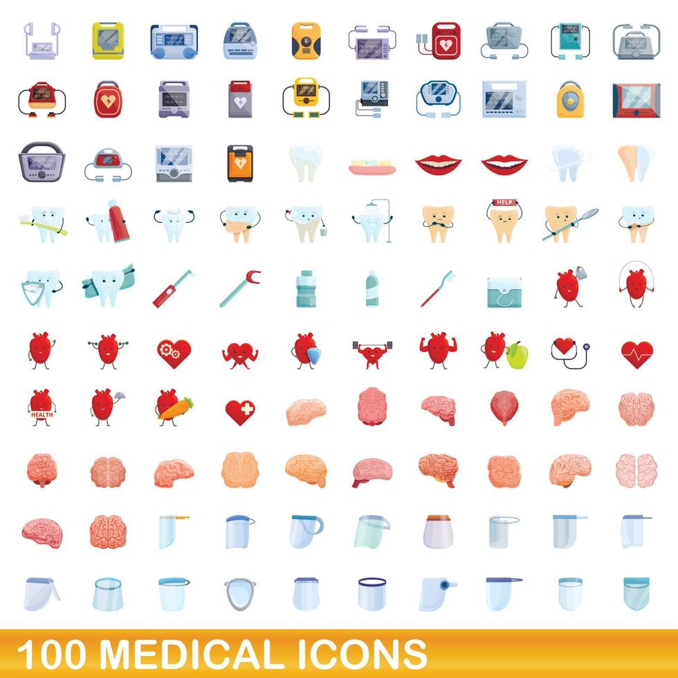 100 set di icone mediche, stile cartone animato vettore