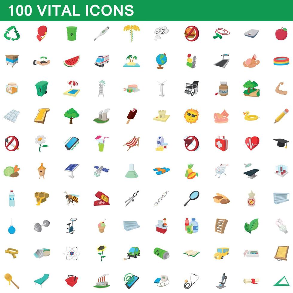 100 icone vitali impostate, stile cartone animato vettore