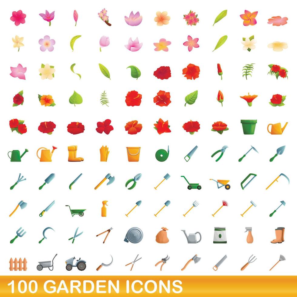 100 icone del giardino impostate, stile cartone animato vettore