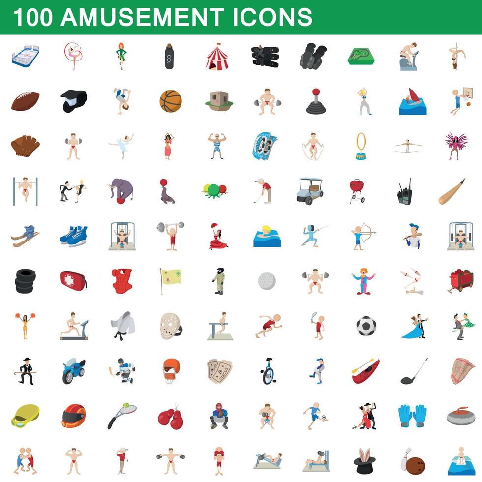 100 icone di divertimento impostate, stile cartone animato vettore