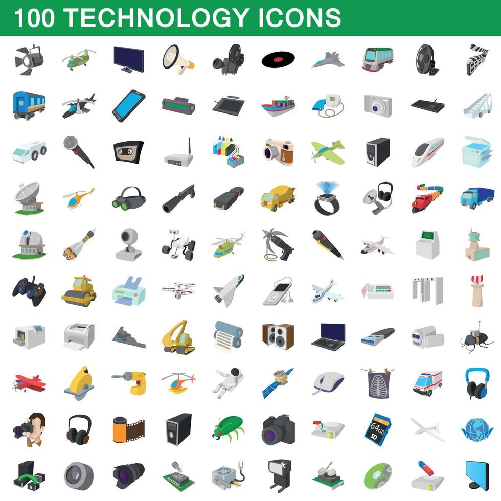 100 set di tecnologia, stile cartone animato vettore