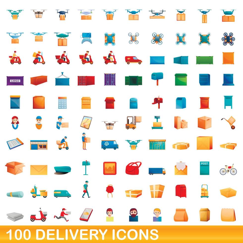 100 icone di consegna impostate, stile cartone animato vettore