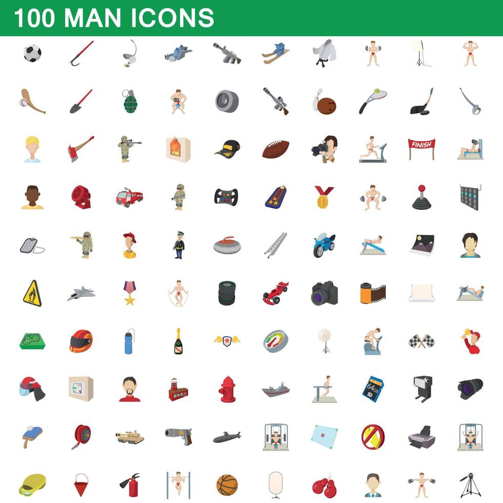 100 icone uomo impostate, stile cartone animato vettore