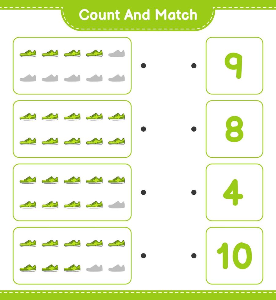 conta e abbina, conta il numero di scarpe da ginnastica e abbina con i numeri giusti. gioco educativo per bambini, foglio di lavoro stampabile, illustrazione vettoriale