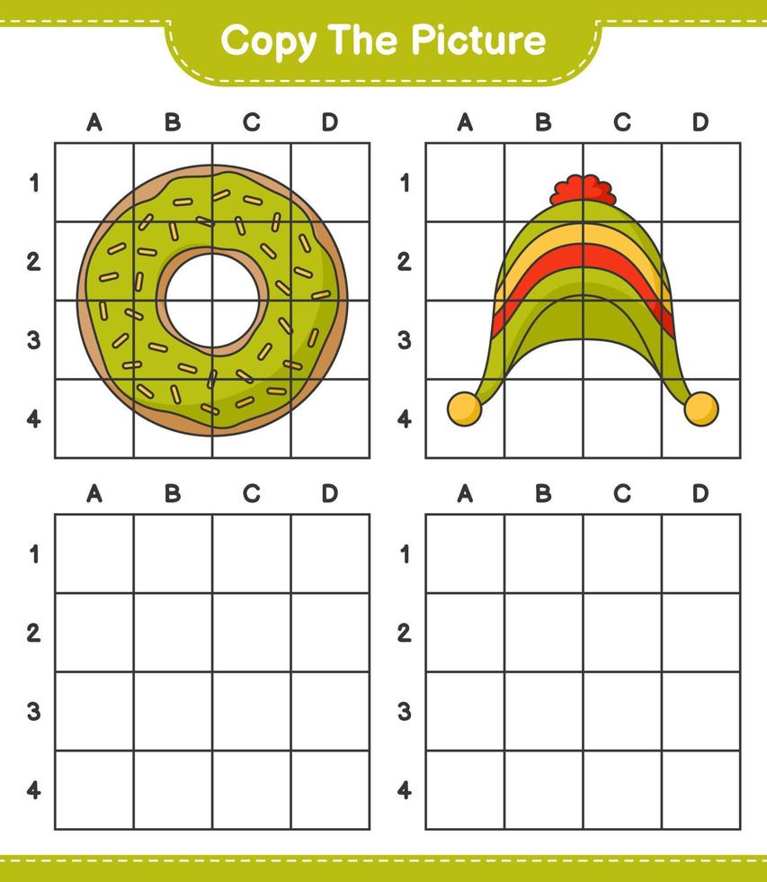 copia l'immagine, copia l'immagine di ciambella e cappello usando le linee della griglia. gioco educativo per bambini, foglio di lavoro stampabile, illustrazione vettoriale