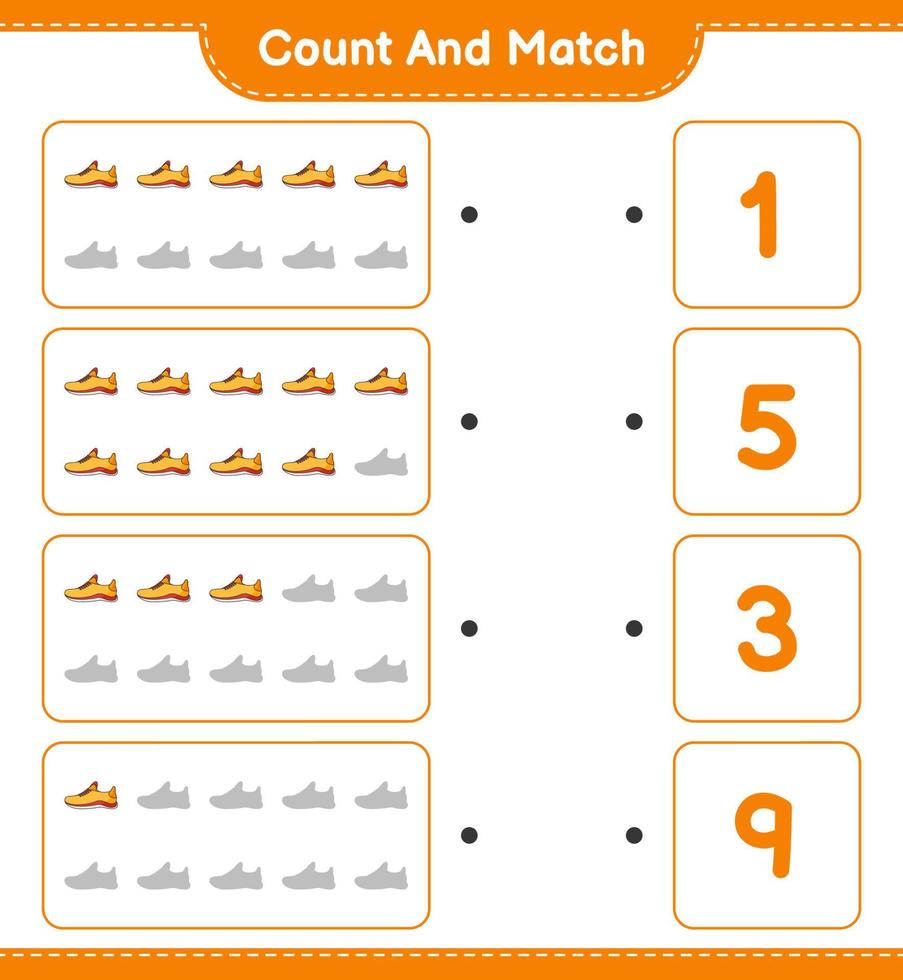 conta e abbina, conta il numero di scarpe da corsa e abbina con i numeri giusti. gioco educativo per bambini, foglio di lavoro stampabile, illustrazione vettoriale