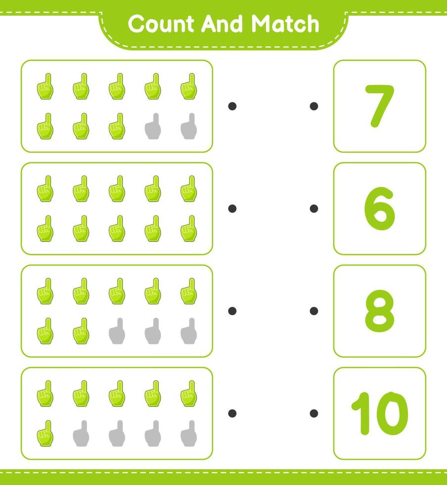 conta e abbina, conta il numero di dita di gommapiuma e abbina i numeri giusti. gioco educativo per bambini, foglio di lavoro stampabile, illustrazione vettoriale