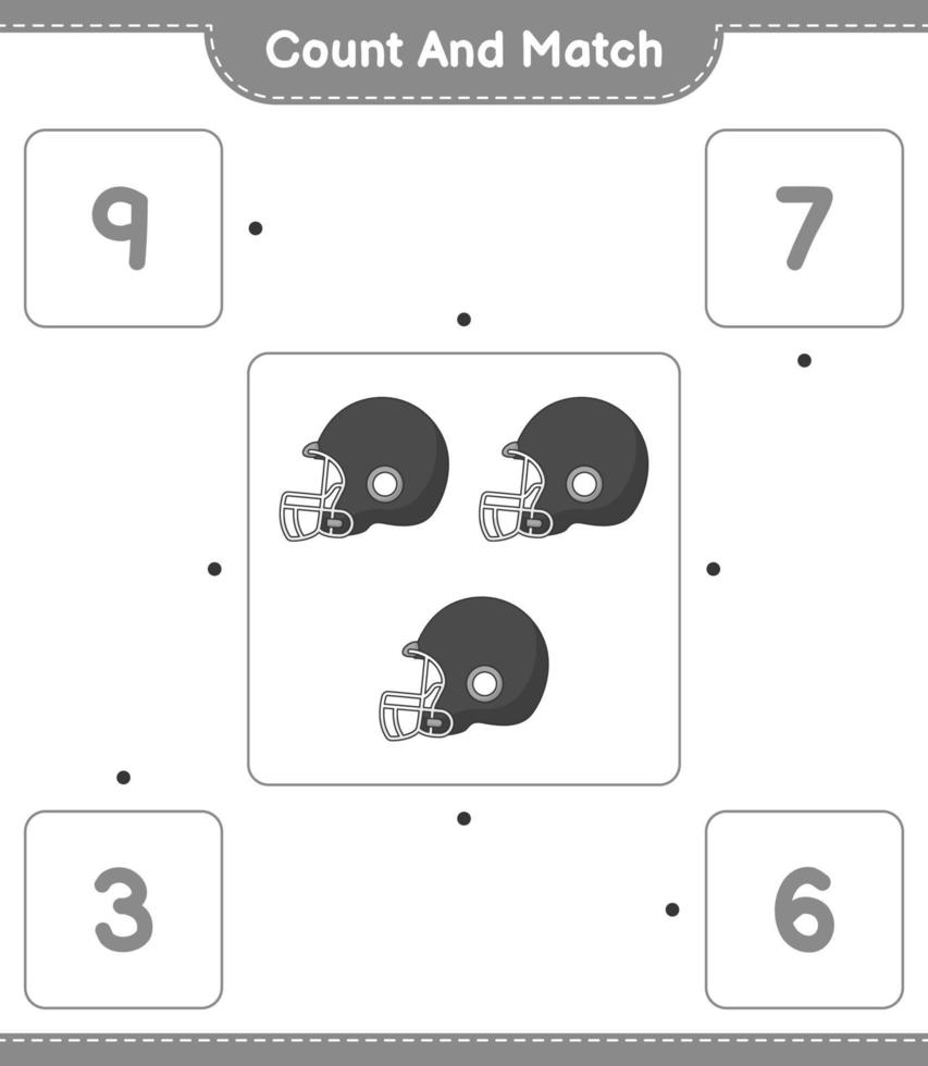 conta e abbina, conta il numero di casco da calcio e abbina con i numeri giusti. gioco educativo per bambini, foglio di lavoro stampabile, illustrazione vettoriale