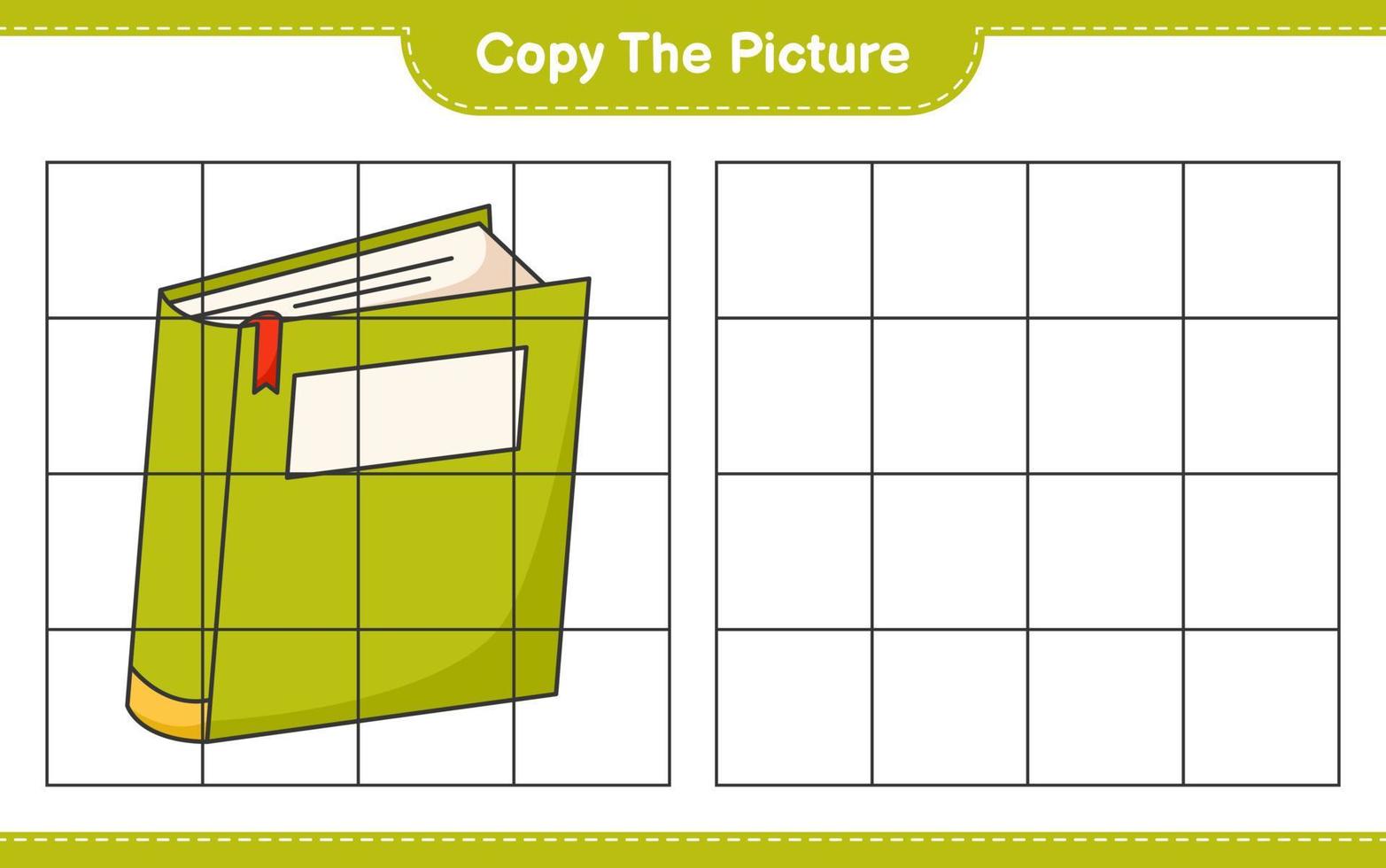 copia l'immagine, copia l'immagine del libro usando le linee della griglia. gioco educativo per bambini, foglio di lavoro stampabile, illustrazione vettoriale