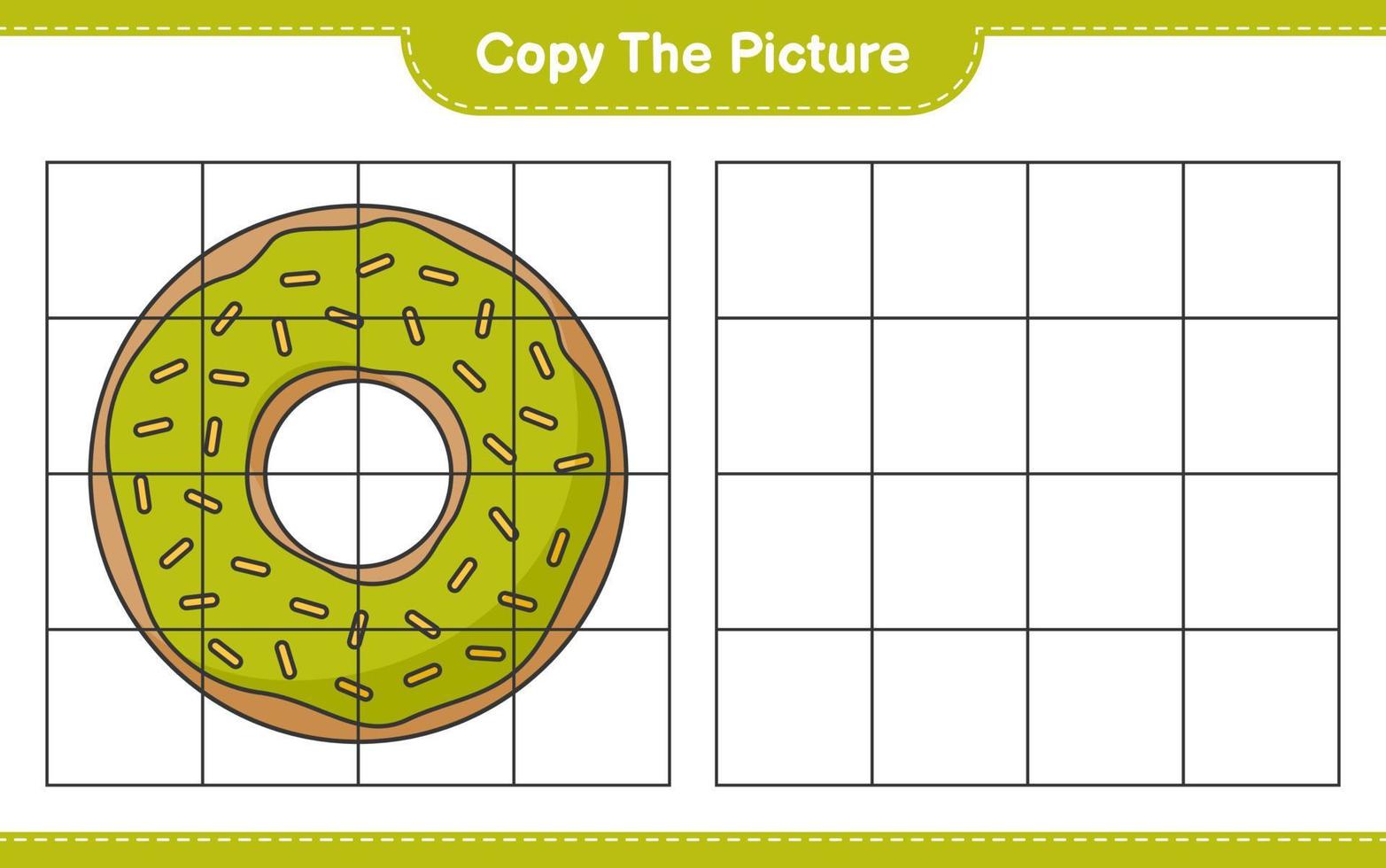 copia l'immagine, copia l'immagine della ciambella usando le linee della griglia. gioco educativo per bambini, foglio di lavoro stampabile, illustrazione vettoriale