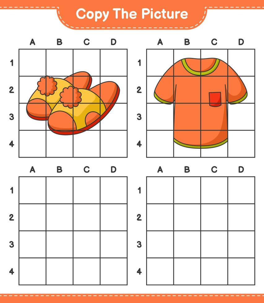 copia l'immagine, copia l'immagine di maglietta e pantofole usando le linee della griglia. gioco educativo per bambini, foglio di lavoro stampabile, illustrazione vettoriale