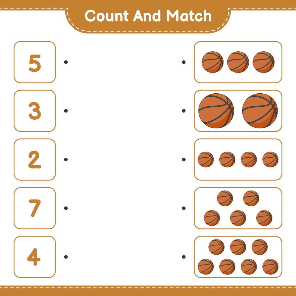 conta e abbina, conta il numero di pallacanestro e abbina con i numeri giusti. gioco educativo per bambini, foglio di lavoro stampabile, illustrazione vettoriale