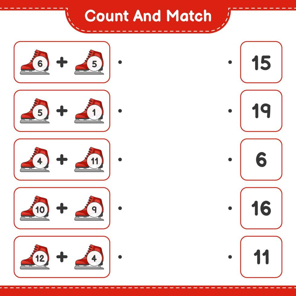 conta e abbina, conta il numero di pattini da ghiaccio e abbina con i numeri giusti. gioco educativo per bambini, foglio di lavoro stampabile, illustrazione vettoriale