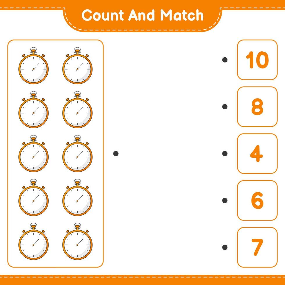 contare e abbinare, contare il numero di cronometro e abbinare con i numeri giusti. gioco educativo per bambini, foglio di lavoro stampabile, illustrazione vettoriale