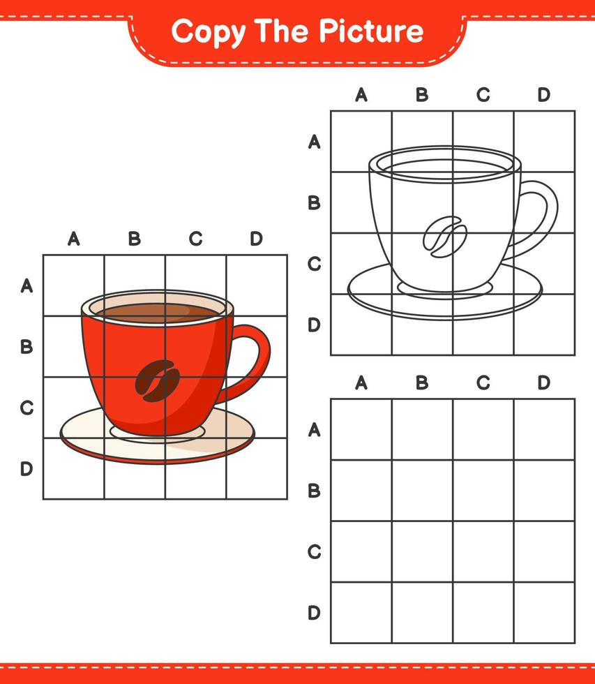 copia l'immagine, copia l'immagine della tazza di caffè usando le linee della griglia. gioco educativo per bambini, foglio di lavoro stampabile, illustrazione vettoriale