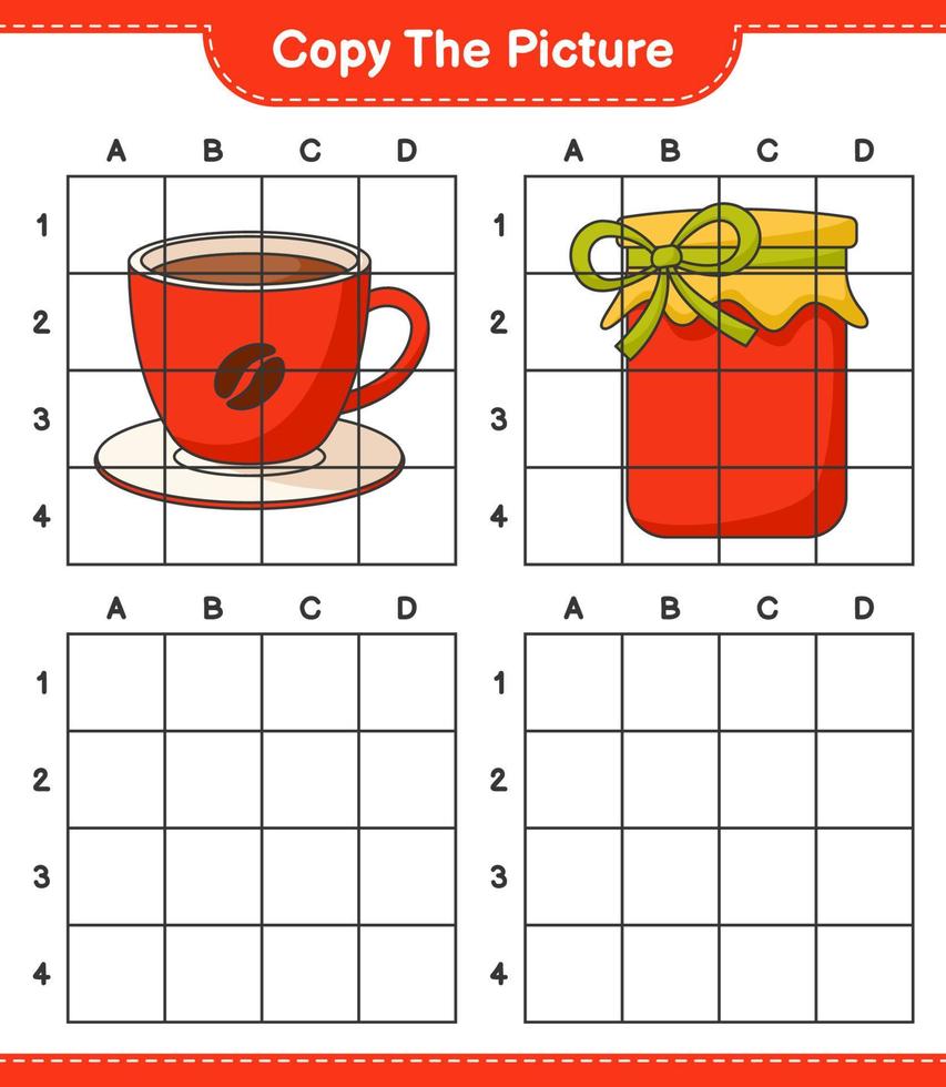 copia l'immagine, copia l'immagine della marmellata e della tazza di caffè usando le linee della griglia. gioco educativo per bambini, foglio di lavoro stampabile, illustrazione vettoriale