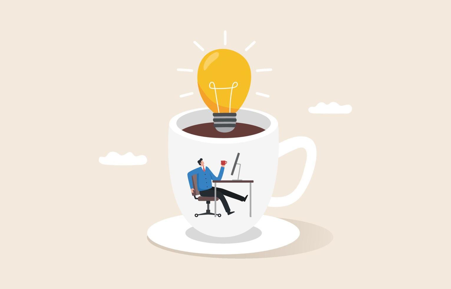 pausa caffè con idea lampadina. creatività o nuova ispirazione. lavorare con una bevanda calda. pianificazione con il brainstorming. i dipendenti si siedono e bevono caffè in una tazza gigante. vettore