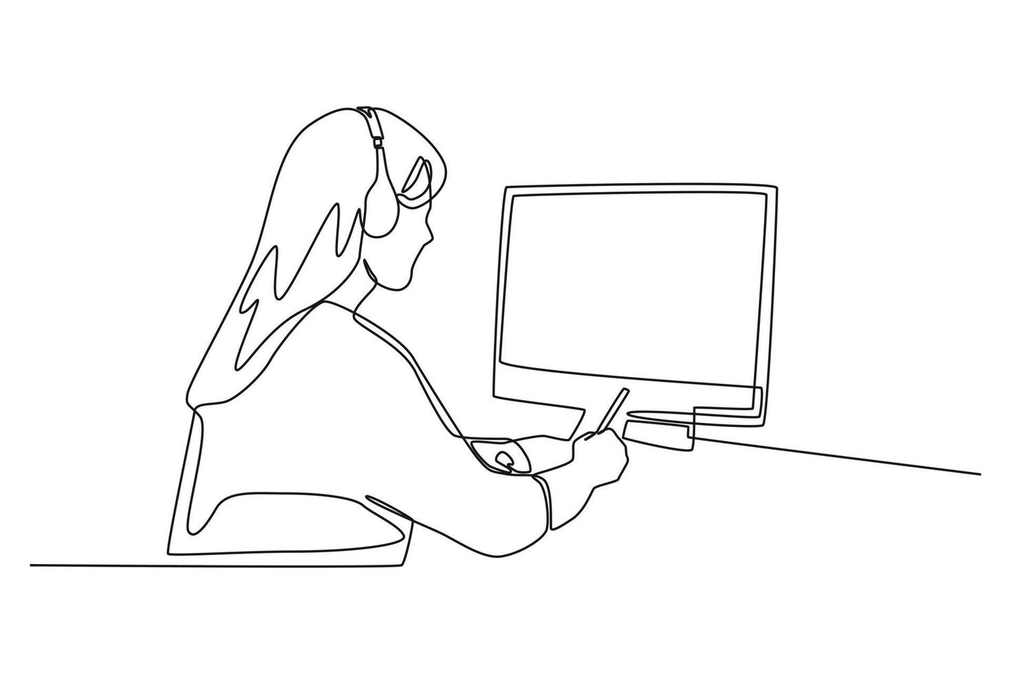 una singola linea di disegno giovane donna che studia e ascolta una lezione, guarda i webinar e scrive note guardando il laptop. illustrazione vettoriale grafica di disegno a linea continua.