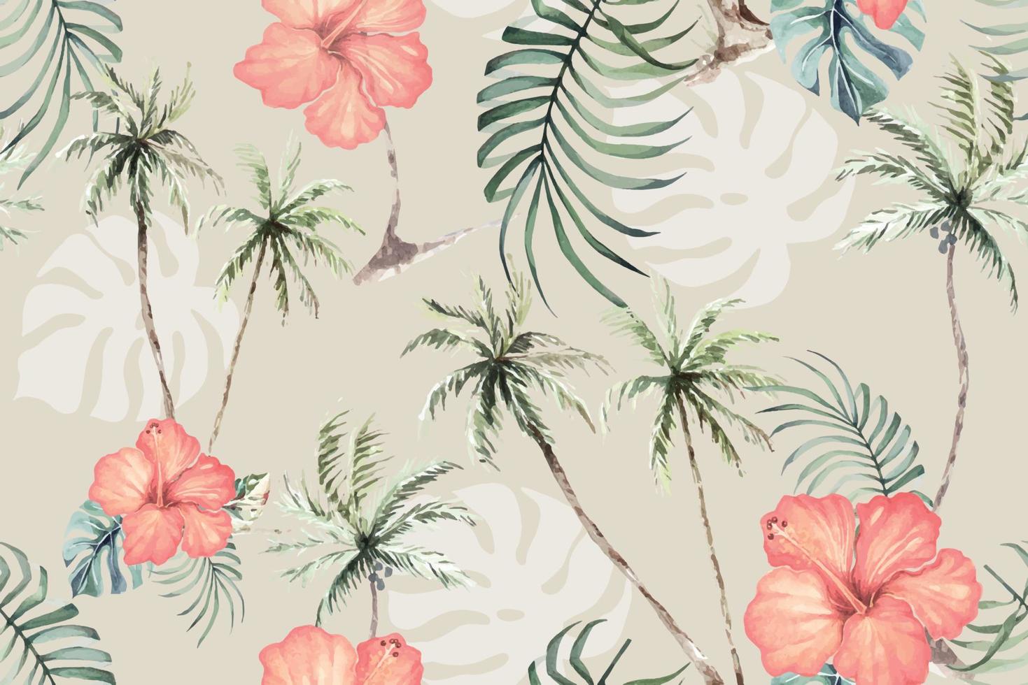 albero di cocco senza cuciture e ibisco disegno acquerello. palme vintage tropicali e mare per motivi e sfondi in tessuto di design. motivi botanici per l'estate. vettore