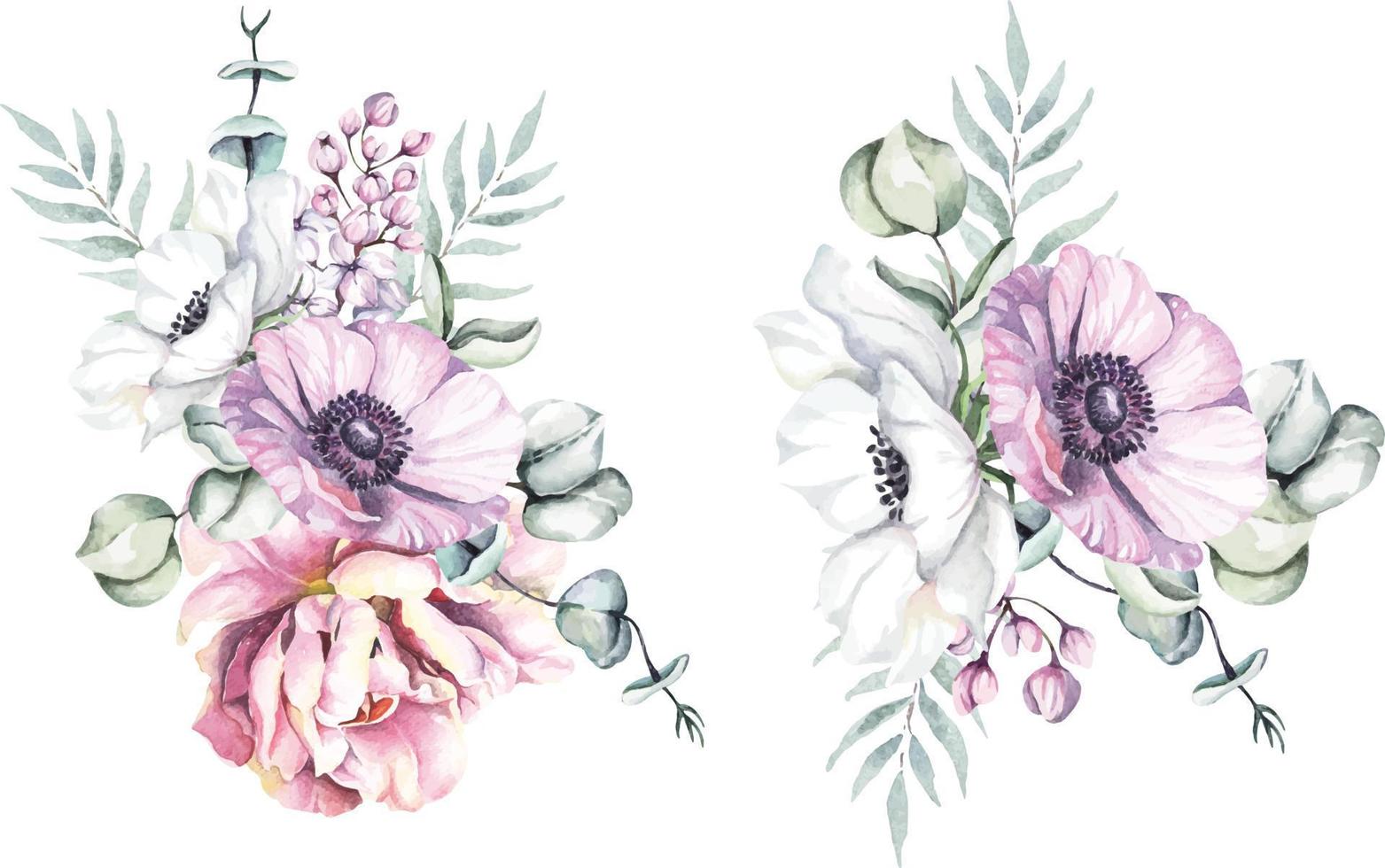 composizione di rosa del fiore dell'acquerello illustrazione floreale botanica disegnata a mano per la carta dell'invito di nozze pittura dell'anemone di fioritura del bouquet stile vintage. vettore