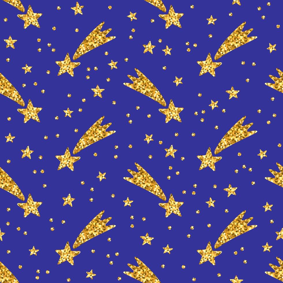 magico motivo senza cuciture con oro scintillante con stelle cadenti. sfondo a stella per stampa, album di ritagli o carta da imballaggio. illustrazione vettoriale. vettore