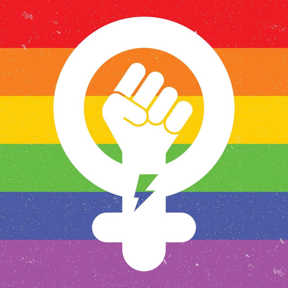 simbolo del movimento femminista su sfondo arcobaleno. icona del genere femminile. mano della donna con il pugno alzato. concetto di potere delle ragazze. illustrazione vettoriale