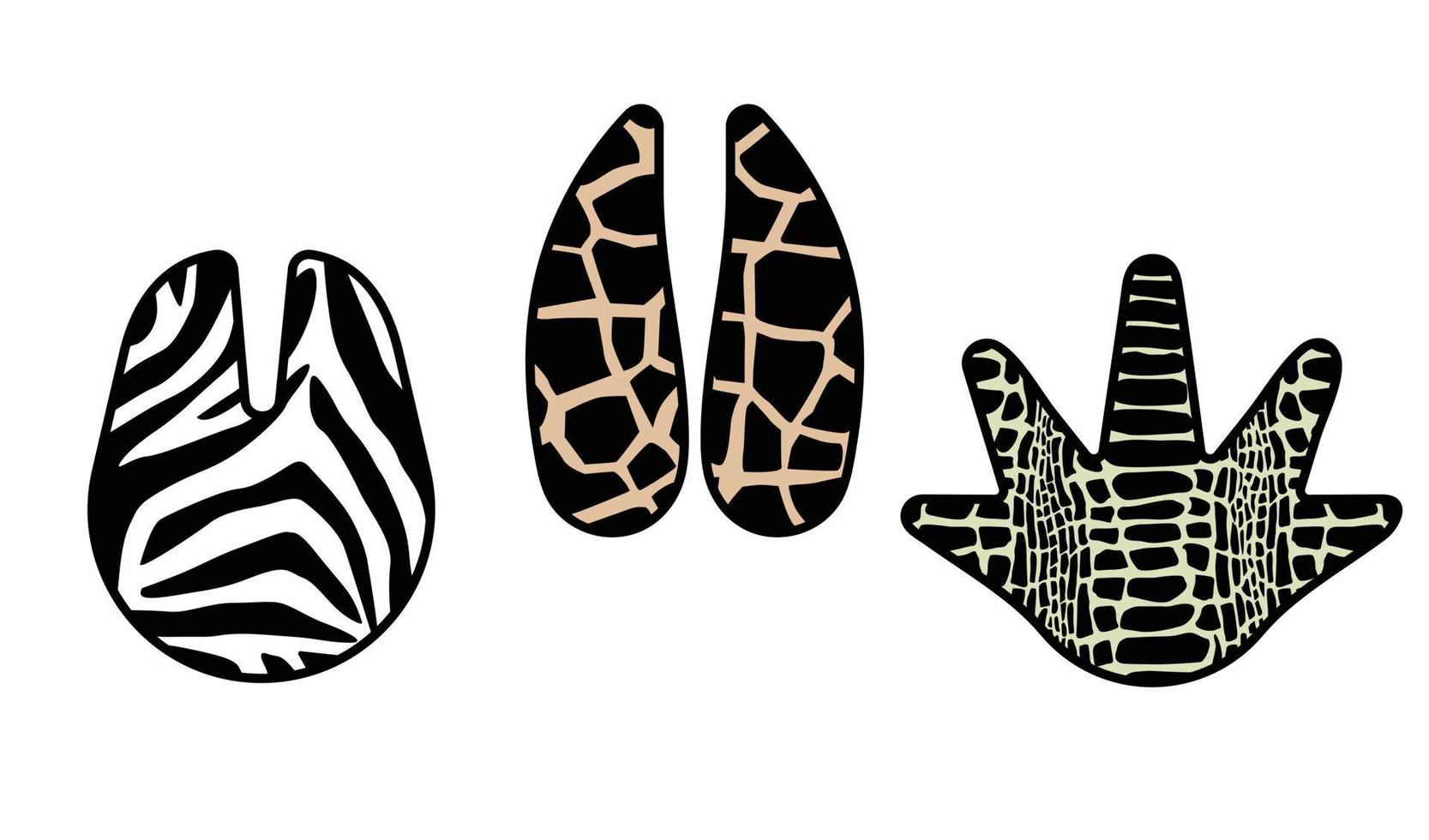 set di zebra, coccodrillo e giraffa con stampa zampa. stampa animalier alla moda. illustrazione vettoriale di moda per la stampa.