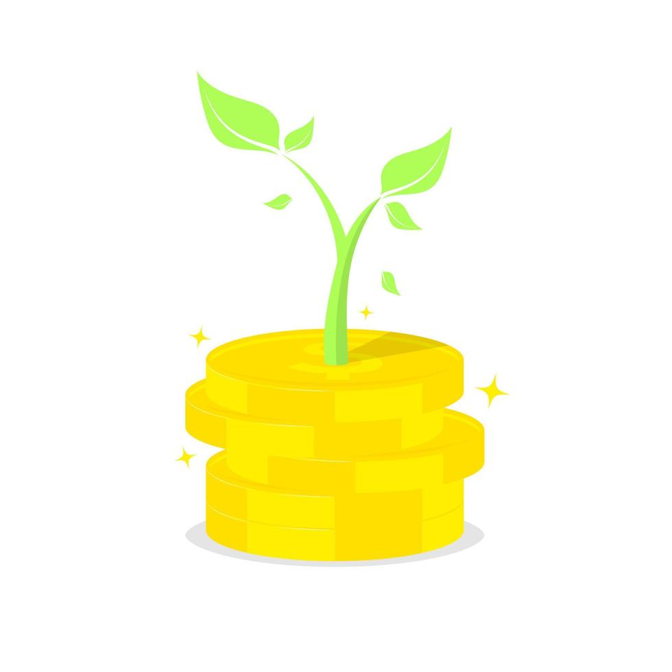 pila di monete con piante giovani, risparmi o investimenti futuri, illustrazione di marketing digitale. vettore