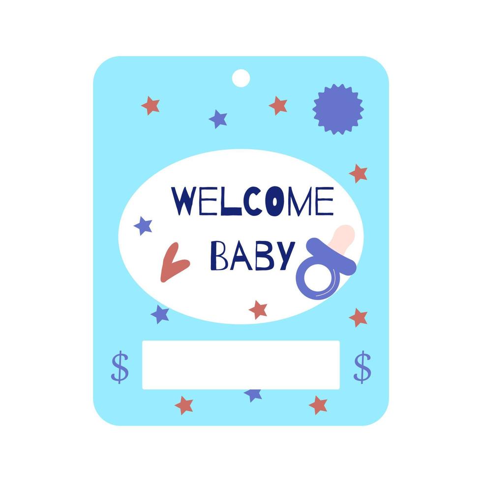 carta regalo di benvenuto per bambini. biglietti d'invito di auguri per baby shower. modello di colori pastello blu carta soldi. illustrazione vettoriale. vettore
