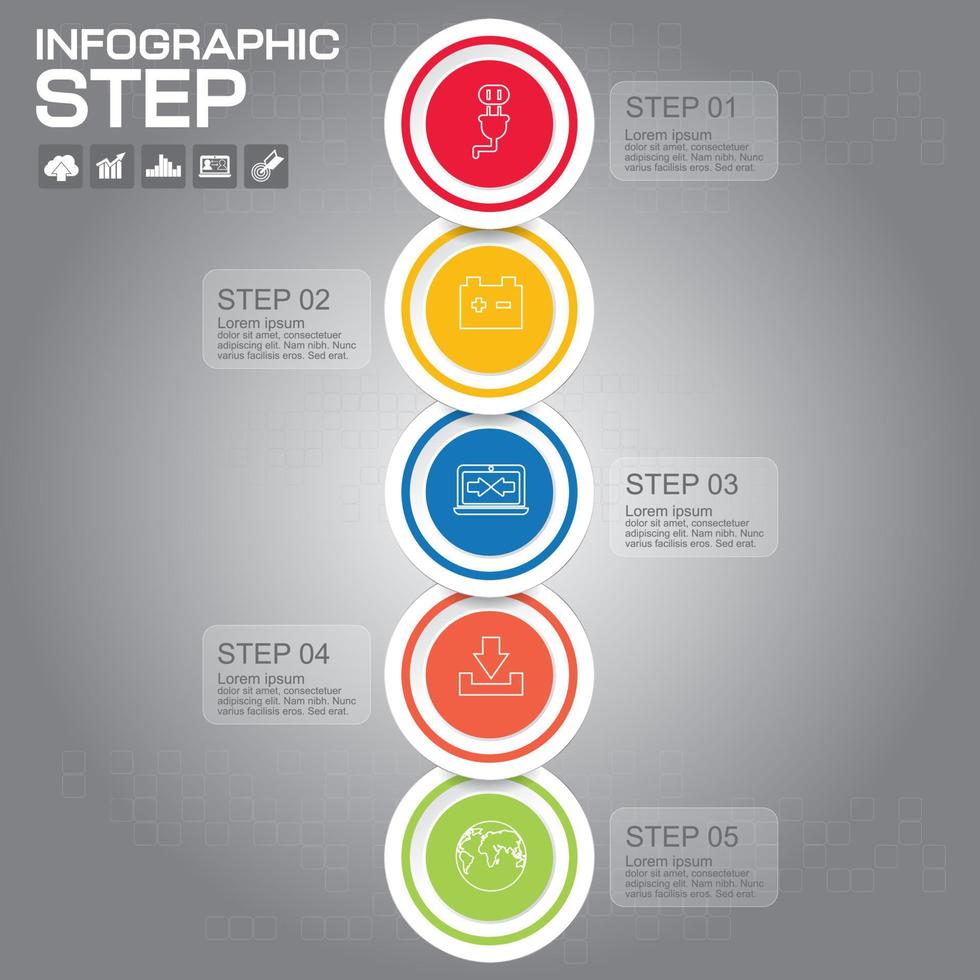 Elementi di design infografici a 5 passaggi per la tua illustrazione vettoriale aziendale.