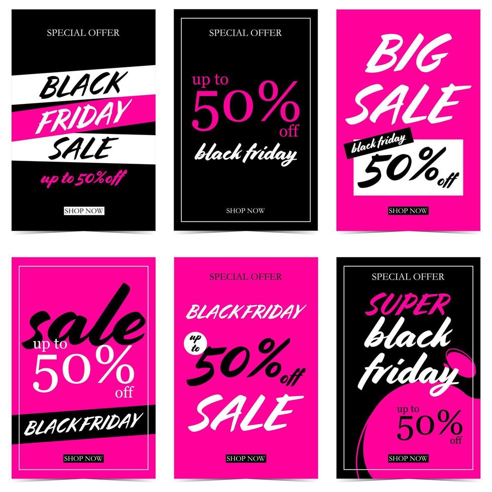 modello di banner di vendita insieme di 6 poster di vendita per la stagione dello shopping del black friday. illustrazioni vettoriali nei colori nero, rosa e bianco adatte a sconti per vacanze e grandi eventi di vendita.