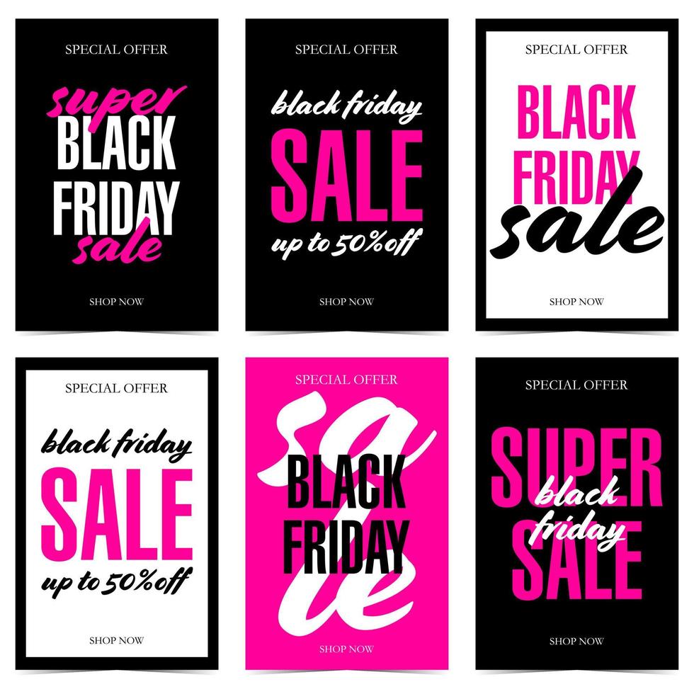 banner di vendita verticale impostato nei colori nero, rosa e bianco per pagine Web e post sui social media, banner per telefoni cellulari. modello di poster di vendita vettoriale per offerta speciale, black friday e stagione dei saldi.